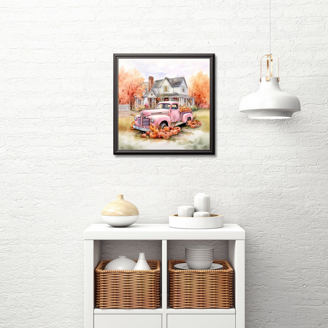 Pink Vintage Truck Loaded With Pumpkins at Farmhouse Autumn Poster - Image 2