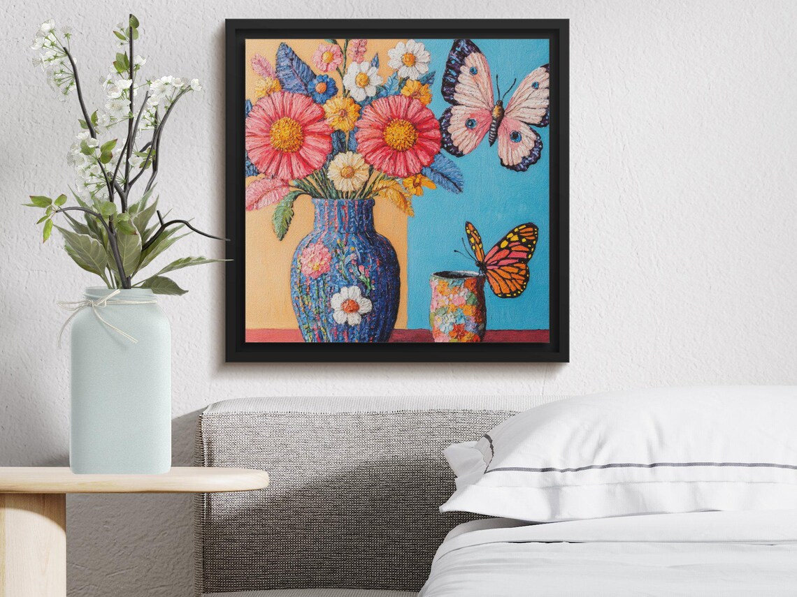 Colorful Floral Bouquet In Vase With Butterflies Painting Poster - Image 2