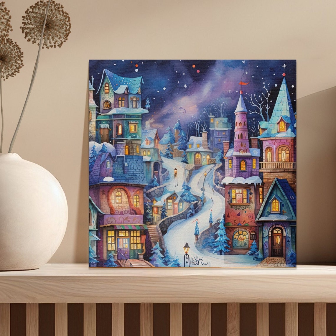 Abstract Christmas Town at Night Whimsical Watercolor Village Poster - Image 5