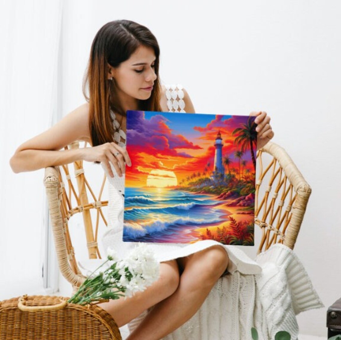 Watercolor Tropical Lighthouse, Nautical Landscape - Image 3