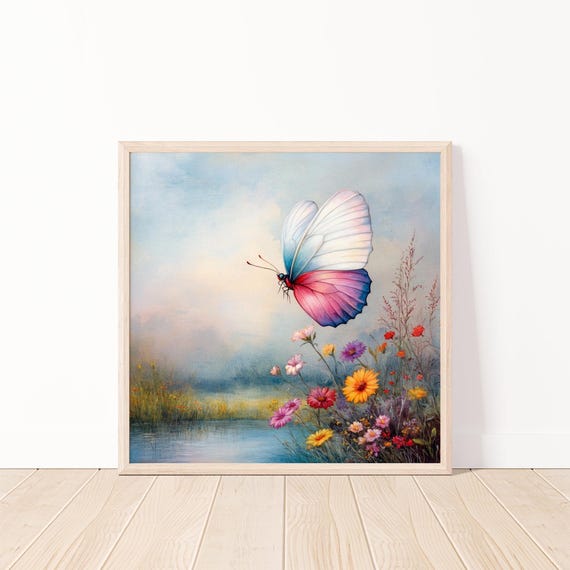 Watercolor Butterfly Art Print Butterfly Artwork Whimsical Butterfly Wall Decor Nature Print With Flowers 20x20