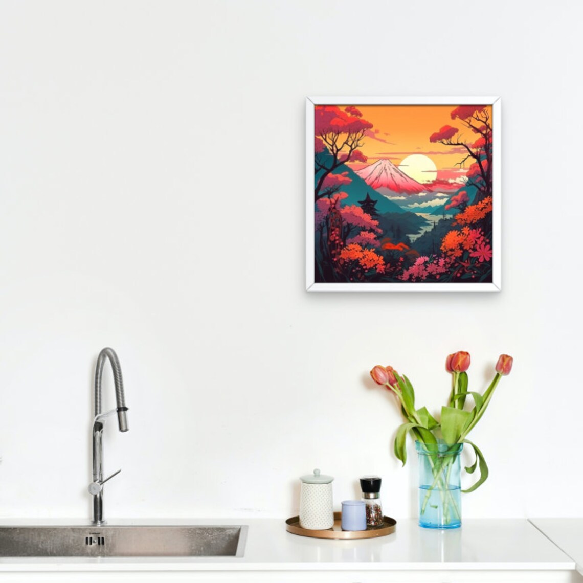 Mount Fuji Sunset Blazing Orange Blossom Valley Sunset Art Poster - Image 5