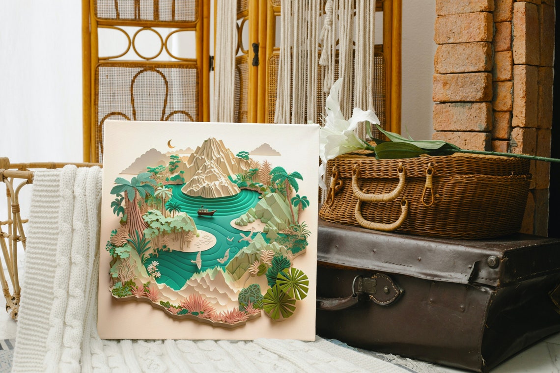 Tropical Island Paper Quilling Scene with Boat at Sunset Poster - Image 5