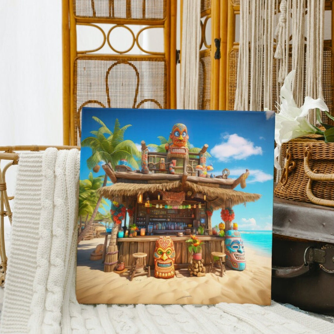 Tropical Tiki Beach Bar with Carved Statues and Palm Trees Poster - Image 5