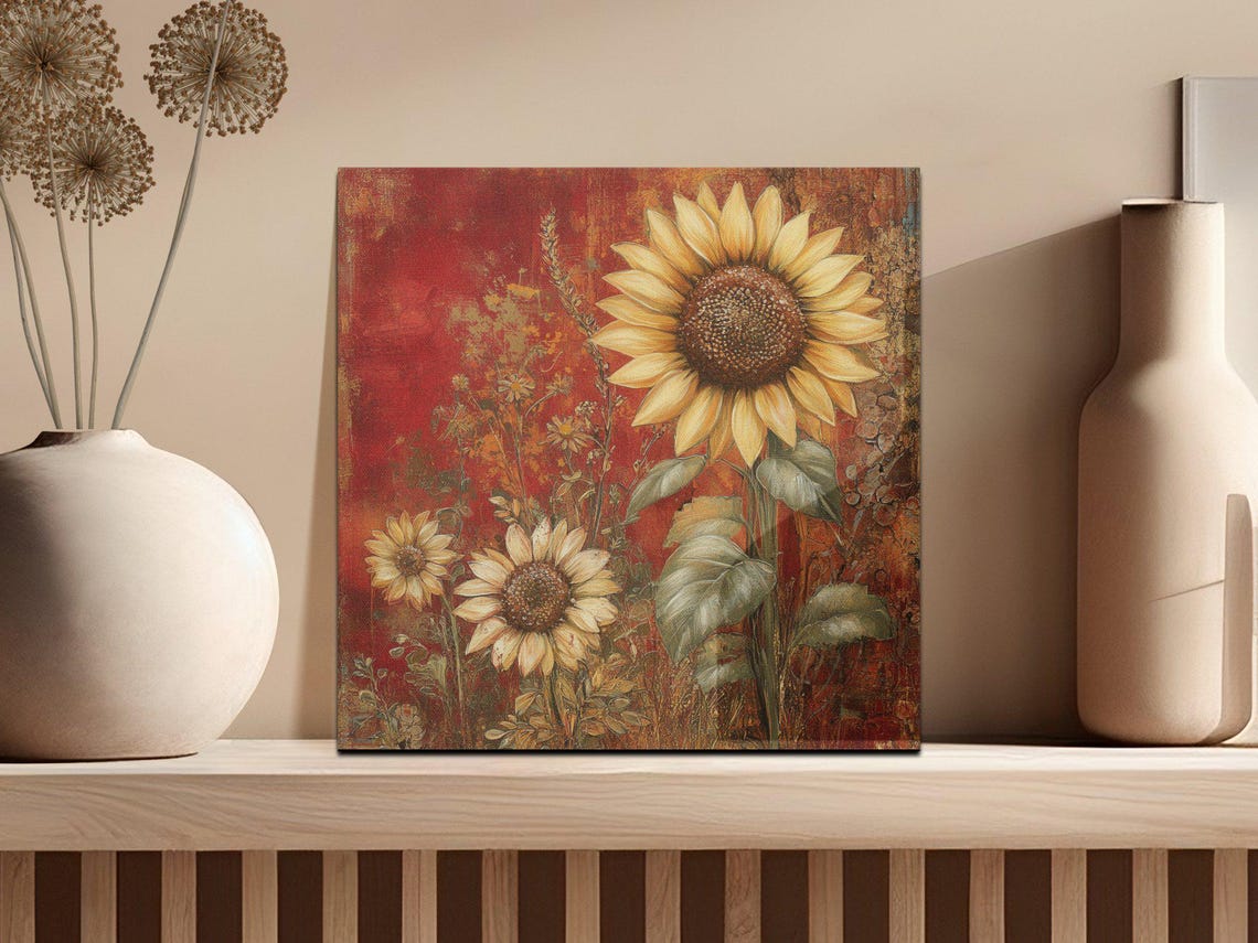 Giant Sunflower Trio Against a Bold Red Textured Backdrop Poster - Image 2