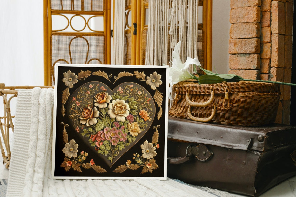 Floral Heart 3D Gold Flowers on Black Romantic Background Poster - Image 5