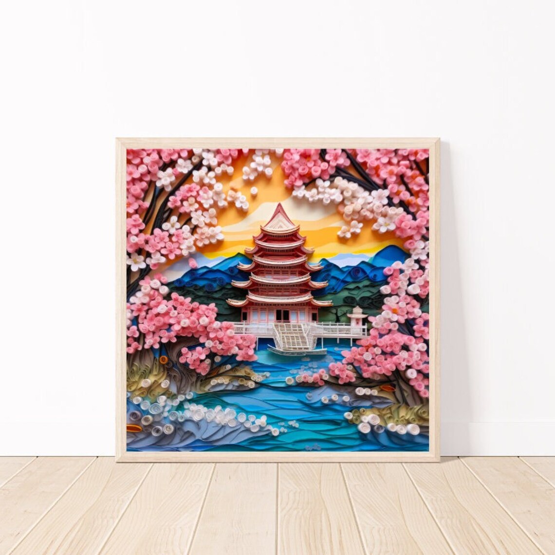 Quilled Paper Japanese Pagoda Cherry Blossoms Lake Scene Poster