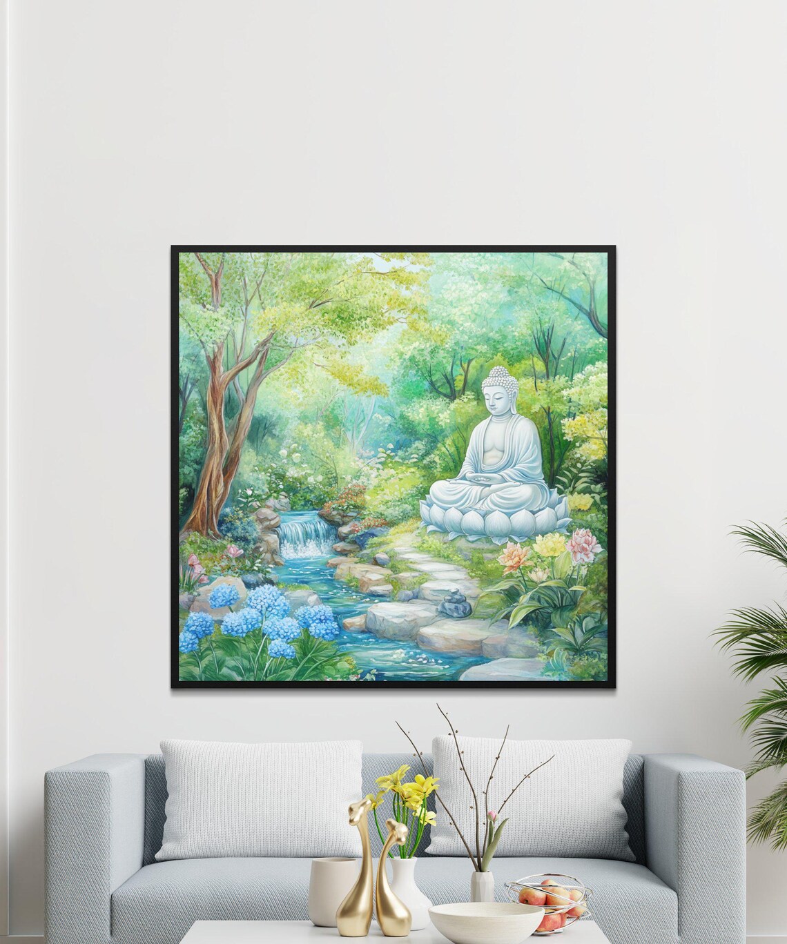 White Buddha Statue Lush Garden Waterfall Peaceful Meditation Art Poster - Image 3