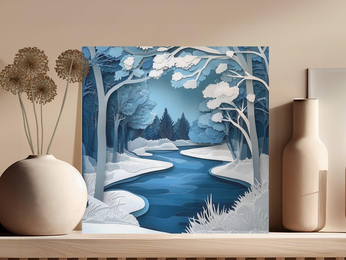 Winter Wonderland Forest Art Print, Snowy River Landscape - Image 3