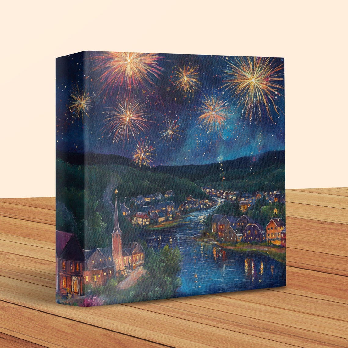 Fireworks Night Sky Celebration Over Riverside Town Painting Poster