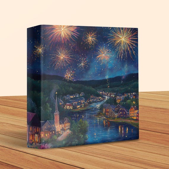 Fireworks Over Town At Night Wall Art Night Sky Print Fireworks Scenery Nighttime Scene Home Decor Light Show 20x20