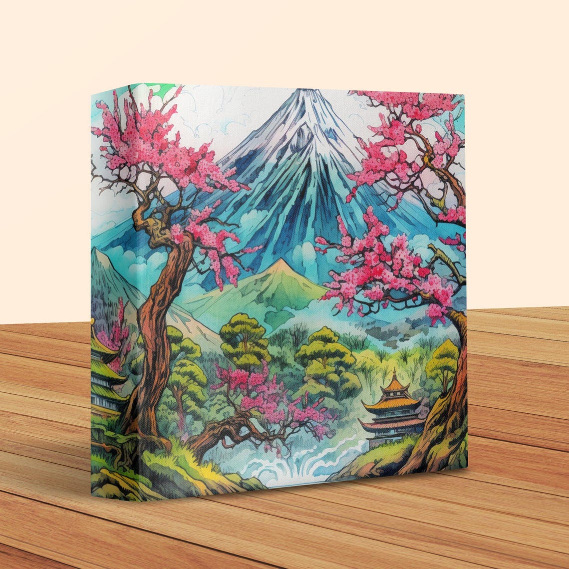 Mount Fuji With Cherry Blossoms Waterfall and Pagoda View Poster - Image 2