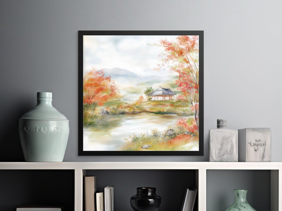 Tranquil Japanese Garden Pavilion Autumn Pond Peaceful Fall Scene Poster - Image 2