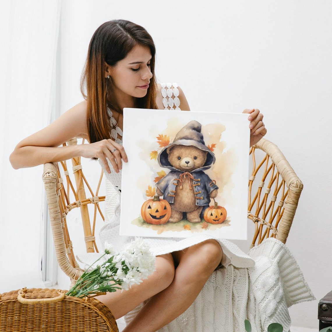 Cute Watercolor Autumn Teddy Bear with Jack O Lanterns Poster - Image 4