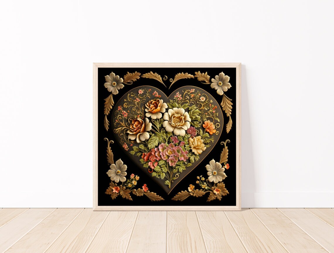 Floral Heart 3D Gold Flowers on Black Romantic Background Poster