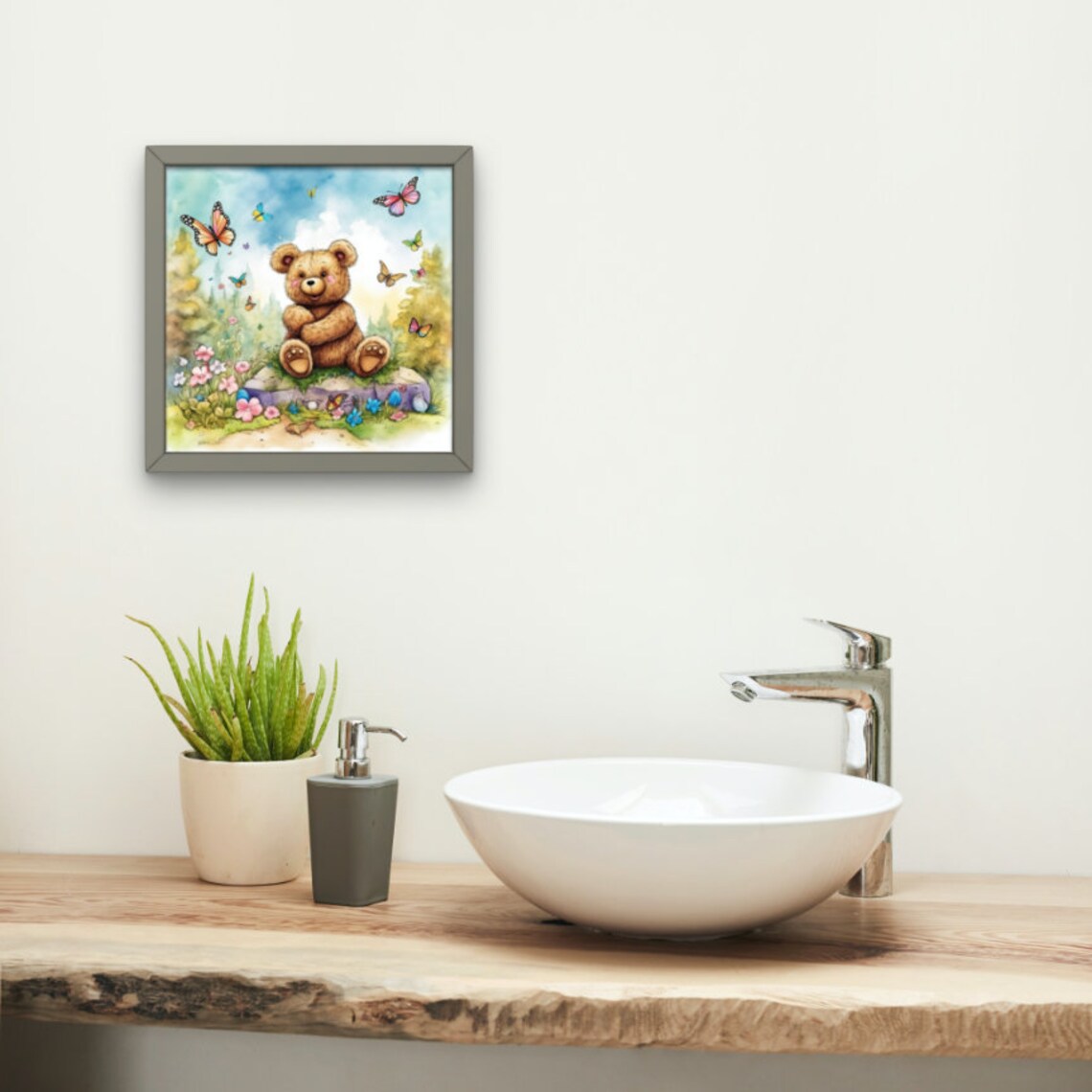 Cute Teddy Bear Sitting Among Butterflies and Wildflowers Poster - Image 2