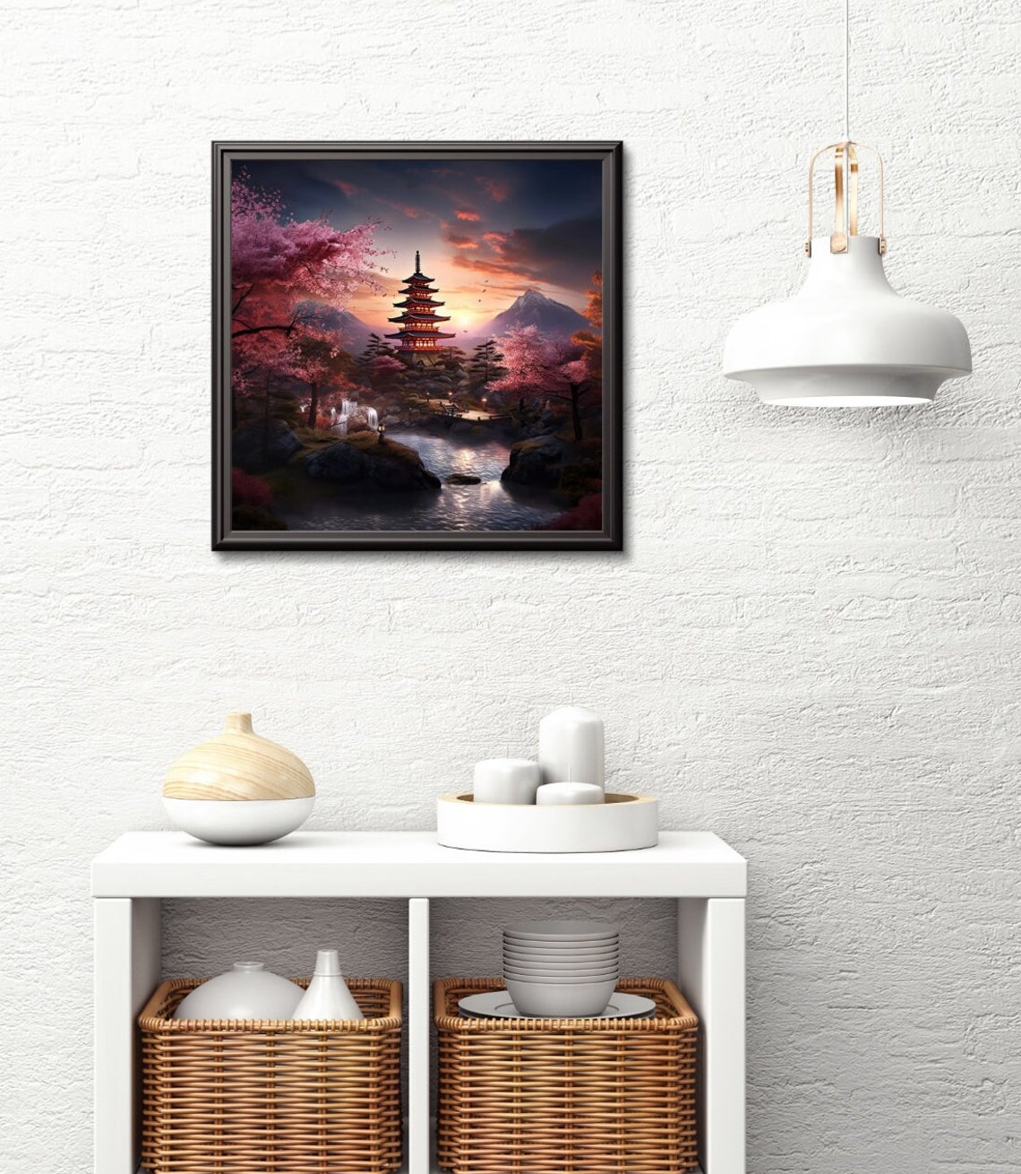 Japanese Pagoda Sunset Cherry Blossoms and Mount Fuji Art Poster - Image 2