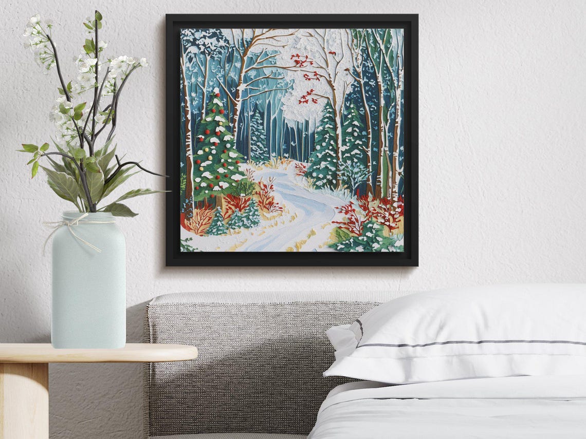 Winter Forest Path Snowy Evergreen Textured Oil Painting Poster - Image 4