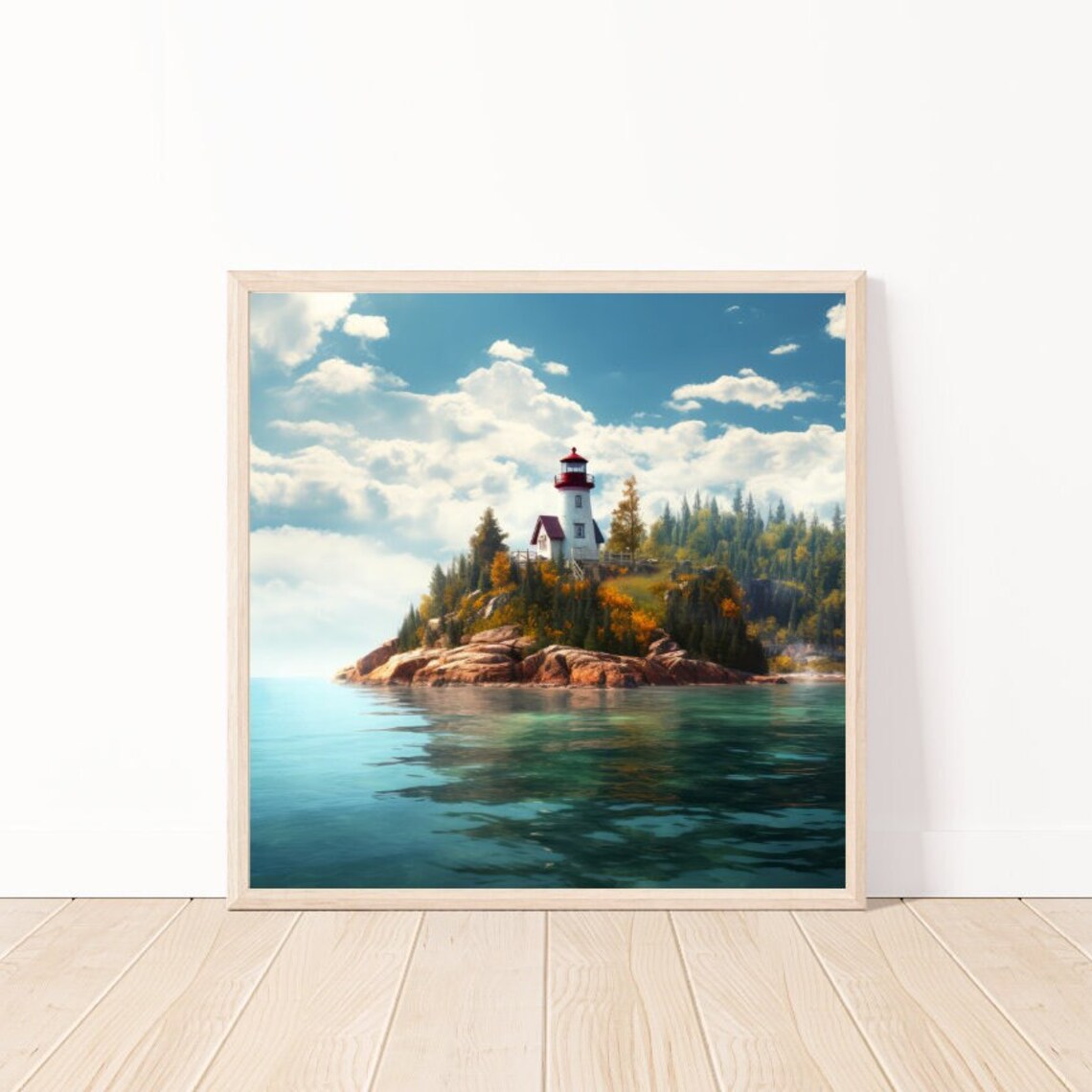 Red Lighthouse Forested Island Rocky Point Coastal Scene Art Poster - Image 5
