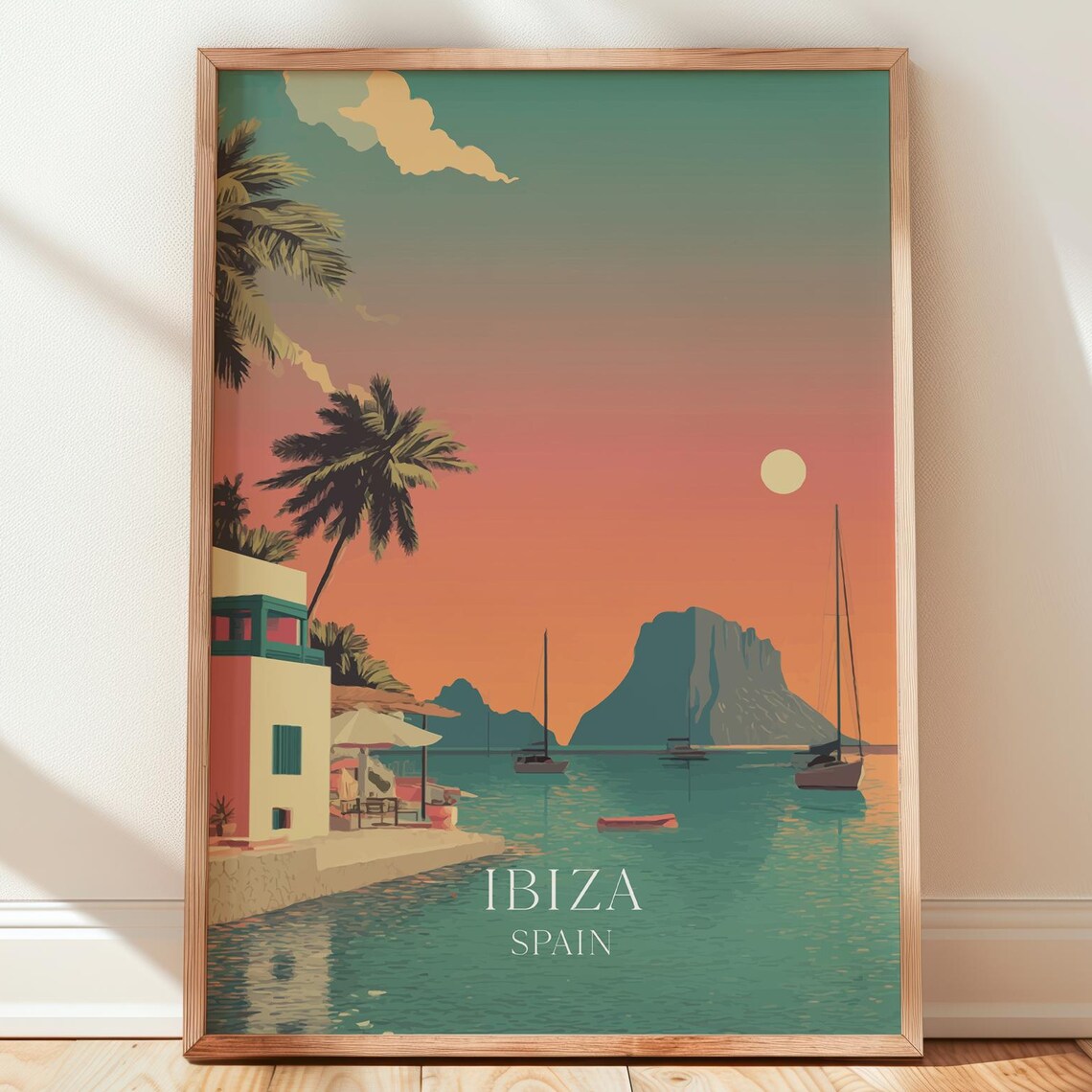 Ibiza Spain Sunset Bay Es Vedra Rock Sailboats Palms Vintage Travel Poster
