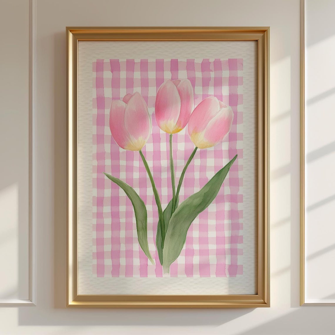 Pink Tulips Gingham Check Watercolor Flower Illustration Art Print