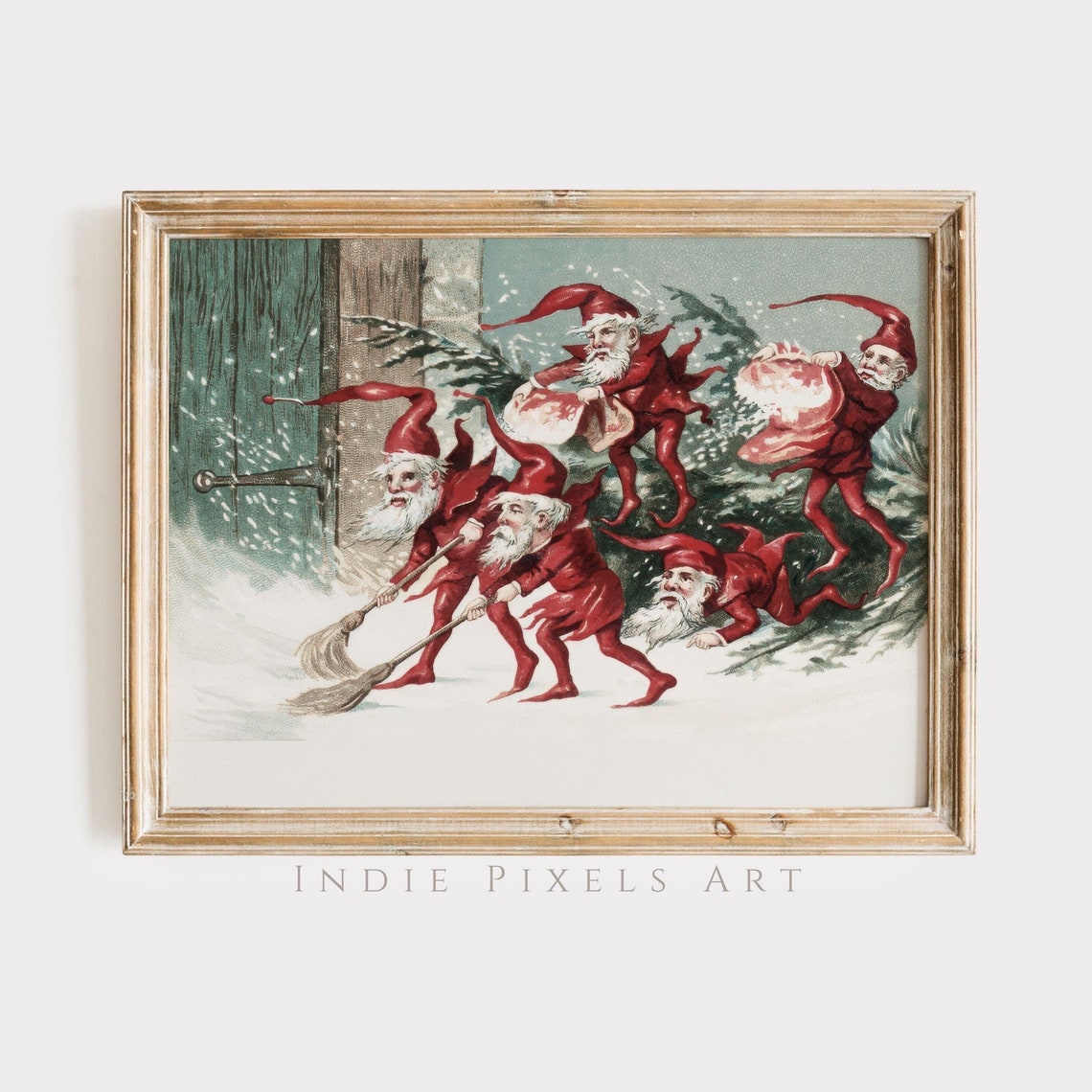 Vintage Christmas Elves Sweeping Snow Holiday Gnome Art Poster