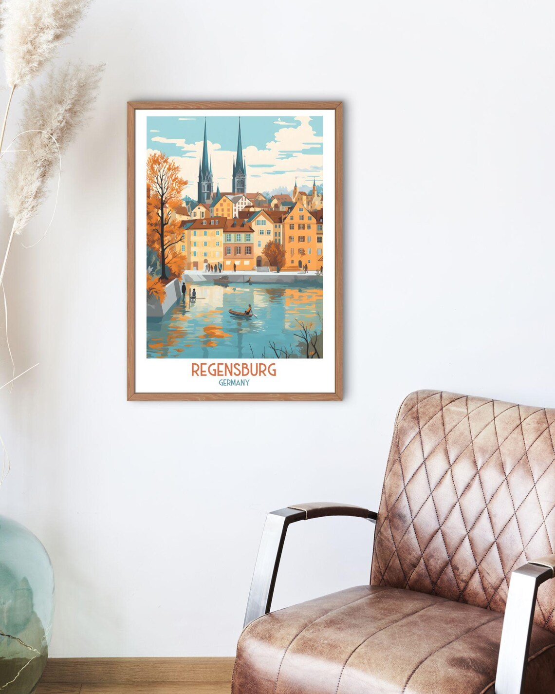 Regensburg Germany Twin Spired Cathedral Over Danube River Travel Print - Image 2