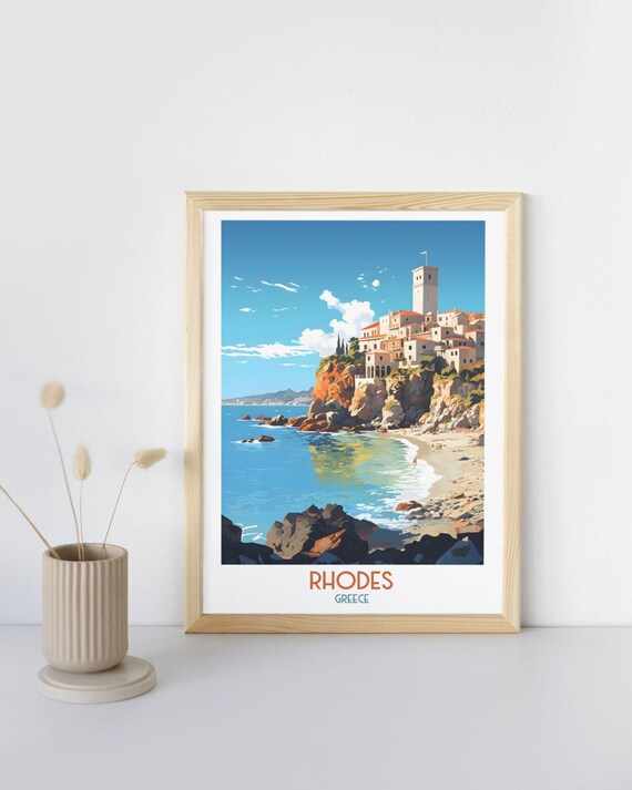Rhodes Greece Cliffside Old Town Tower Over Blue Bay Travel Art Print
