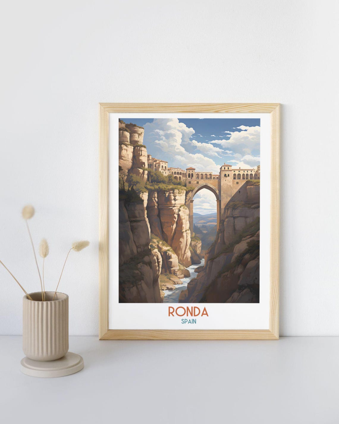 Ronda Spain Arch Bridge Over the Gorge at Golden Hour Travel Print