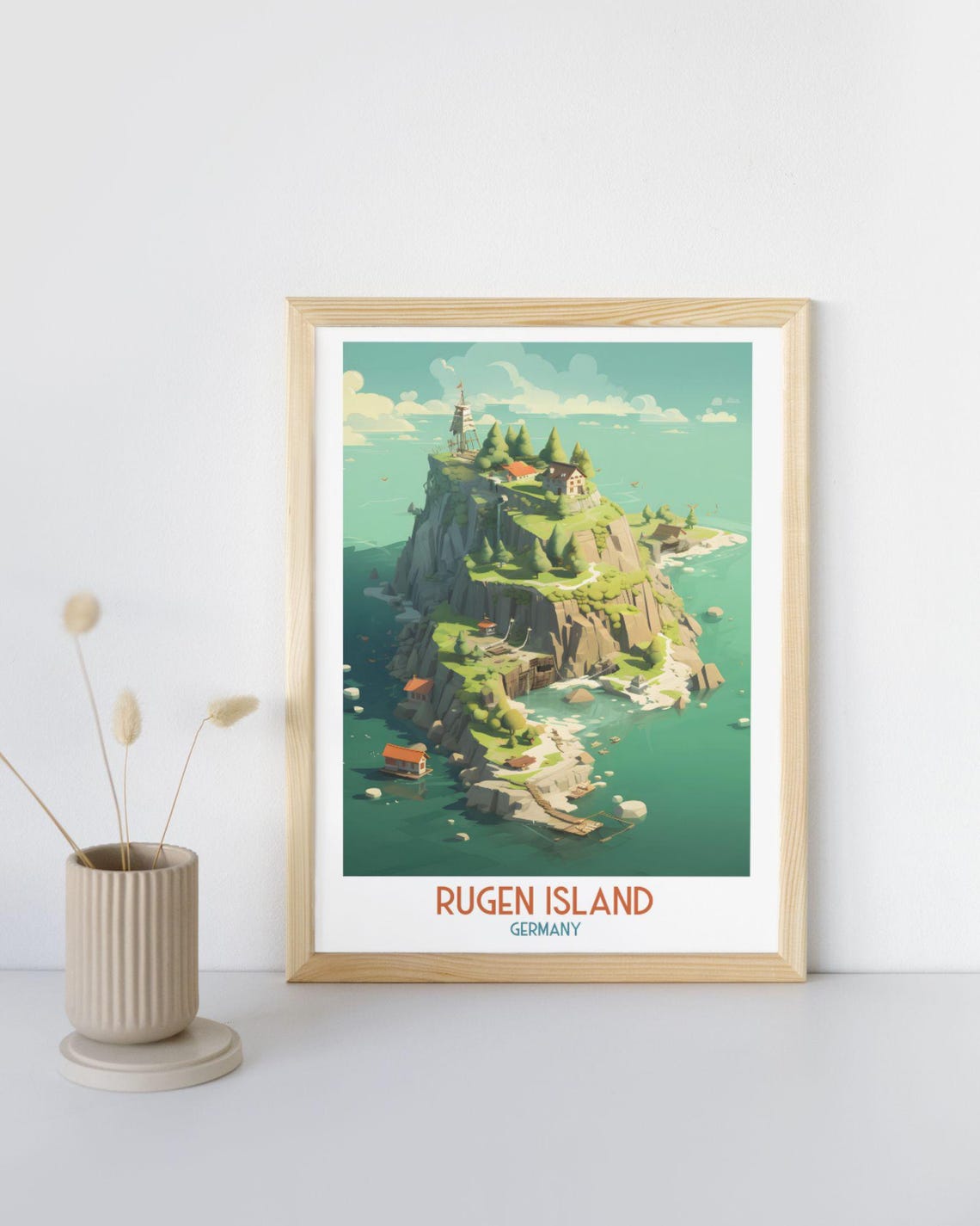 Rugen Island Germany Chalk Cliffs and Lighthouse Travel Art Print