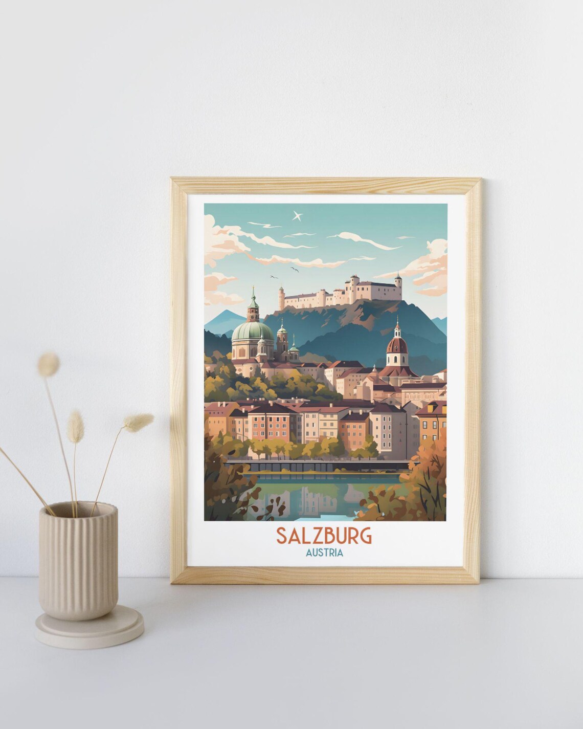 Salzburg Austria Hilltop Fortress Old Town River Reflection Travel Poster