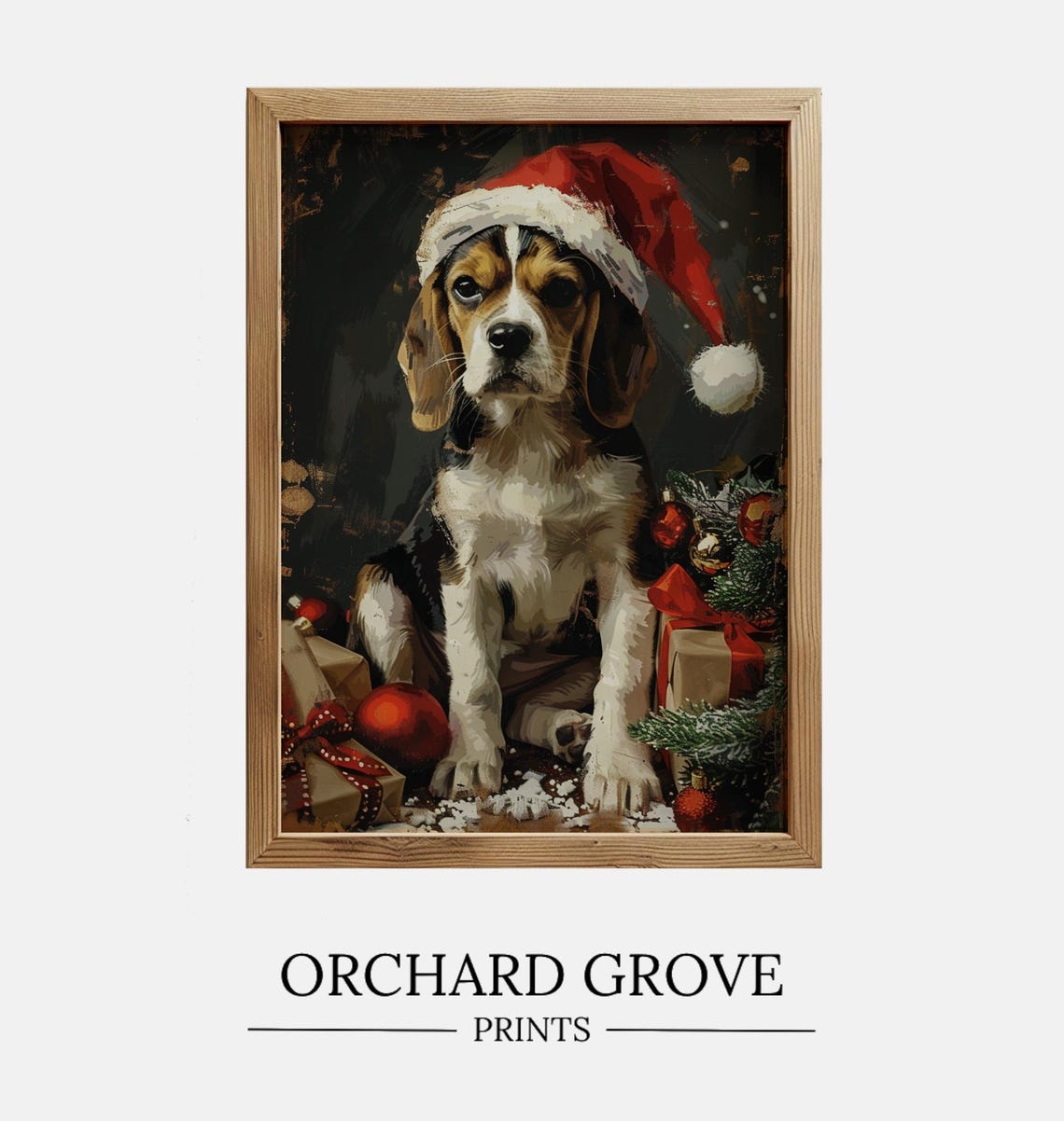 Christmas Dog Wall Art Print Santa Dog Painting Christmas Beagle Christmas Puppy Christmas Holiday Decor Santa Pet Art 185