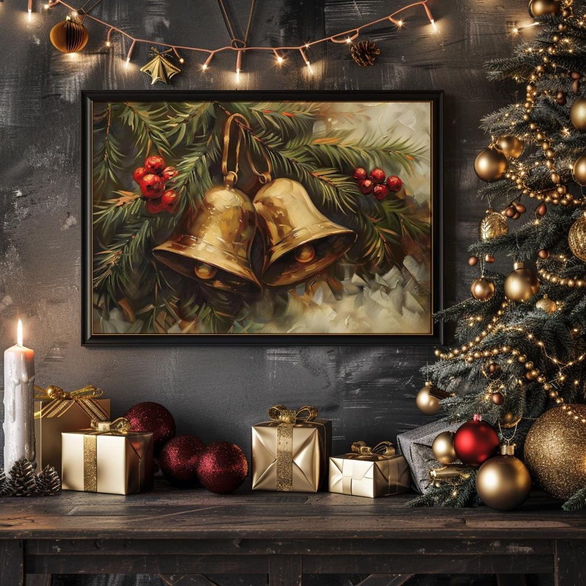 Brass Bells Vintage Christmas Print Christmas Jingle Bells Christmas Wall Art Winter Print Christmas Oil Painting Holiday Art 210 - Image 4