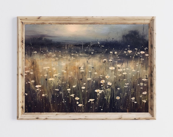 Wildflower Meadow at Dusk with White Blooms Moody Night Poster