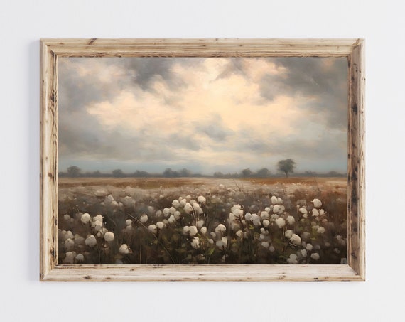 Country Cotton Field Landscape Painting Farmhouse Wall Art Moody Art Print 010