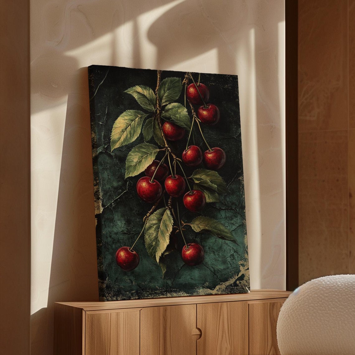Rustic Cherry Branch Vintage Botanical Dark Teal Kitchen Poster