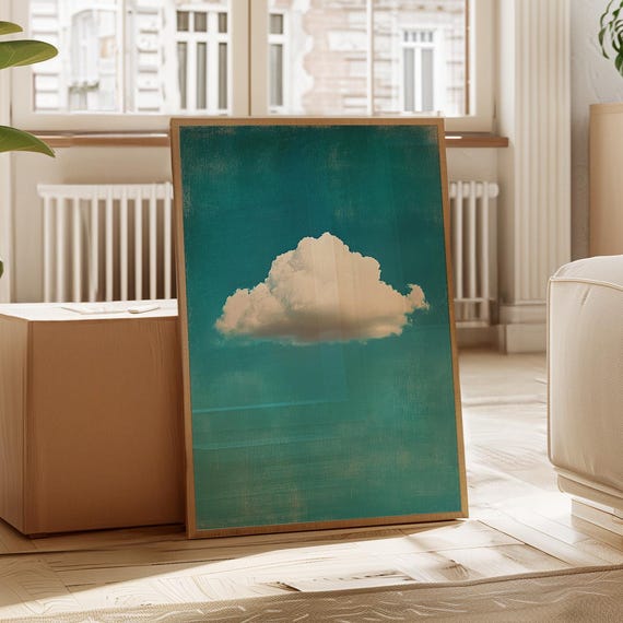 Single Cloud Canvas Wall Art Minimalist White On Textured Teal Sky Background For Modern Serene And Dreamy Home Decor