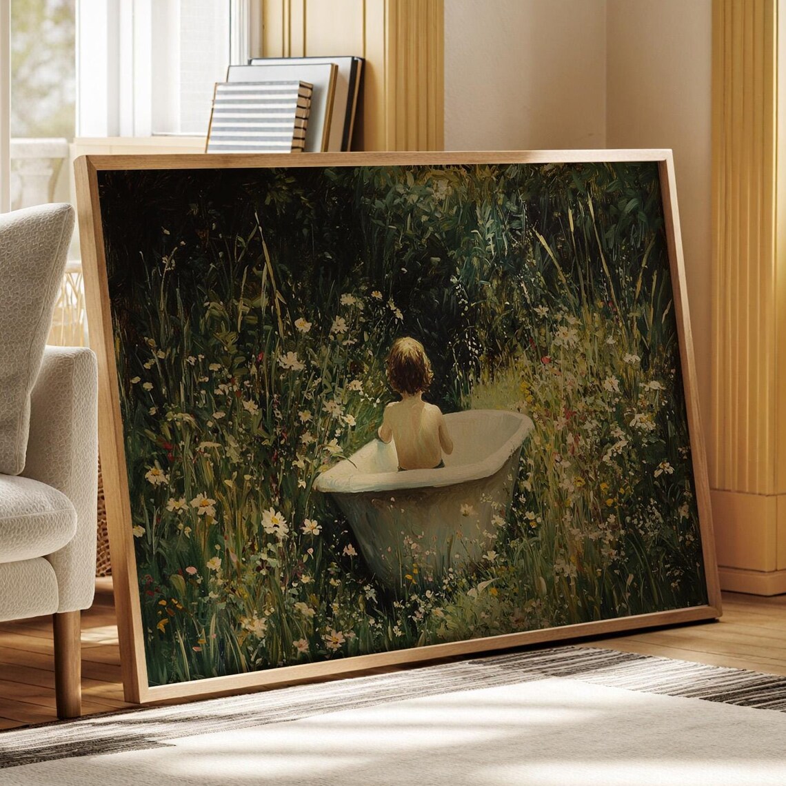 Child Bathtub Garden Wildflowers Whimsical Vintage Nature Art Poster