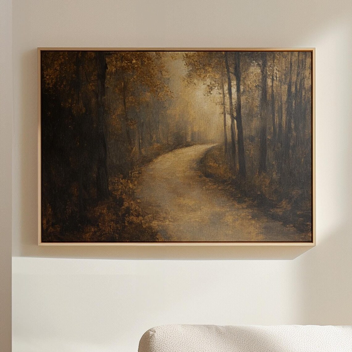 Rustic Dark Misty Forest Road With Golden Light Painting Wall Art