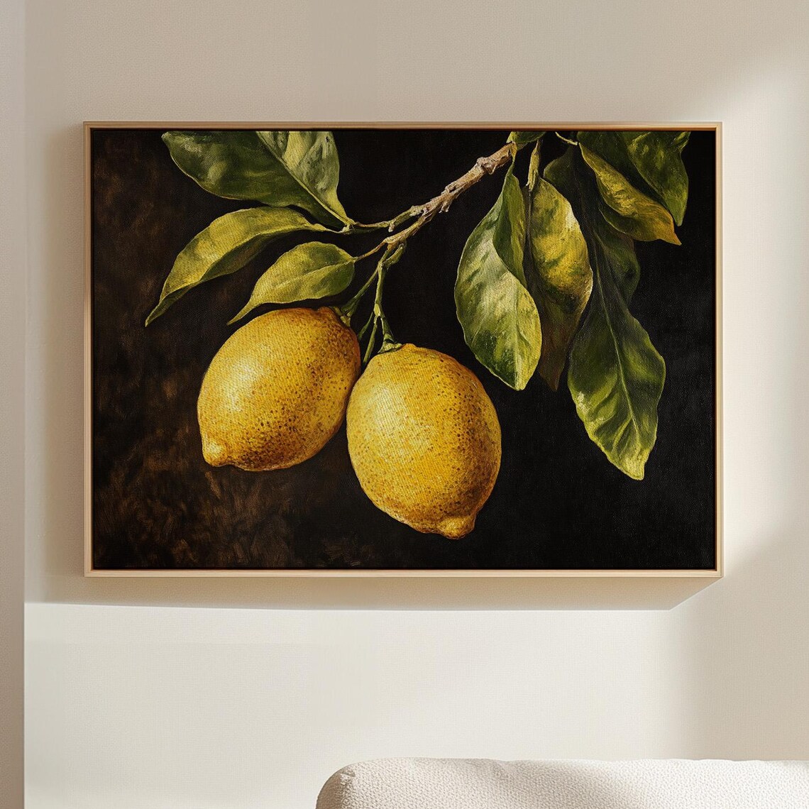 Pair of Ripe Lemons Hanging from Leafy Branch Dark Oil Poster