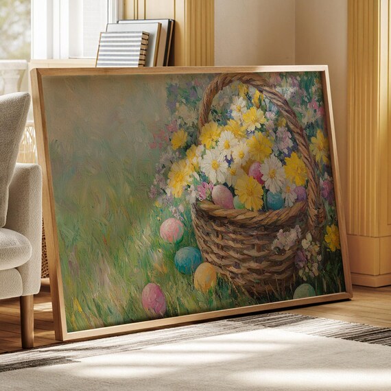 Easter Eggs Wildflower Basket Spring Meadow Vintage Painting Poster