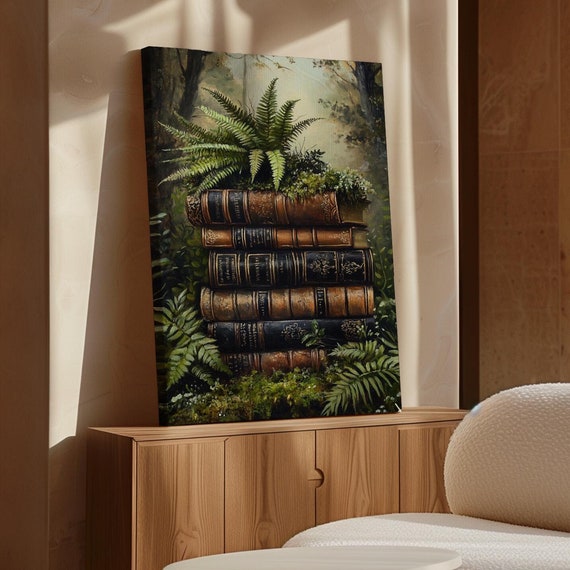 Vintage Book Wall Art Dark Academia Library Print Botanical Gothic Antique Bookshelf Art Aesthetic Fern Nature Decor
