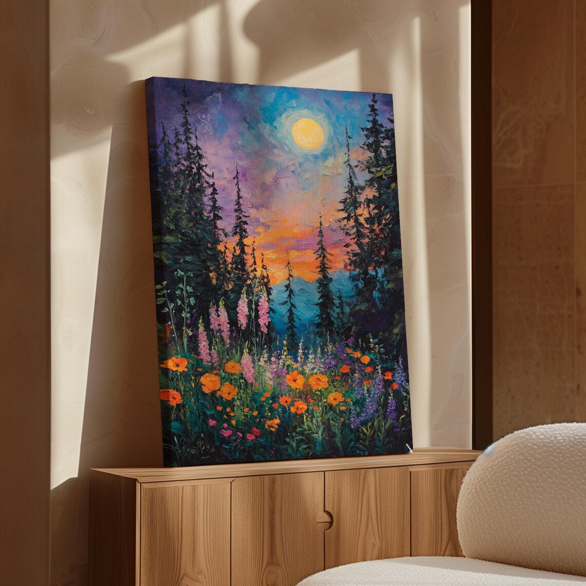 Full Moon Above Evergreen Forest And Colorful Wildflower Field Poster