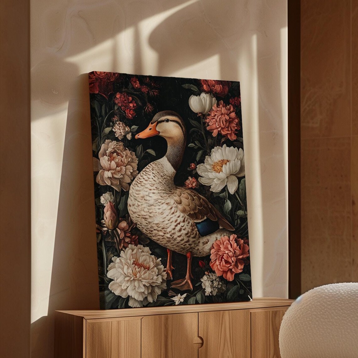Standing Duck in Profile Among Blush Peonies Dark Floral Poster