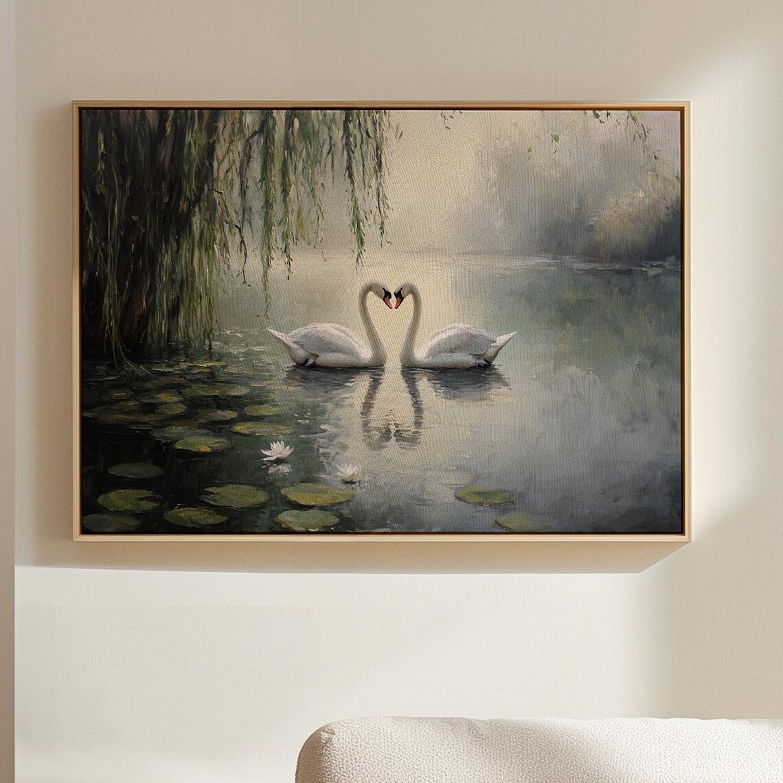Two Swans Forming A Heart On A Misty Lake Romantic Nature Poster