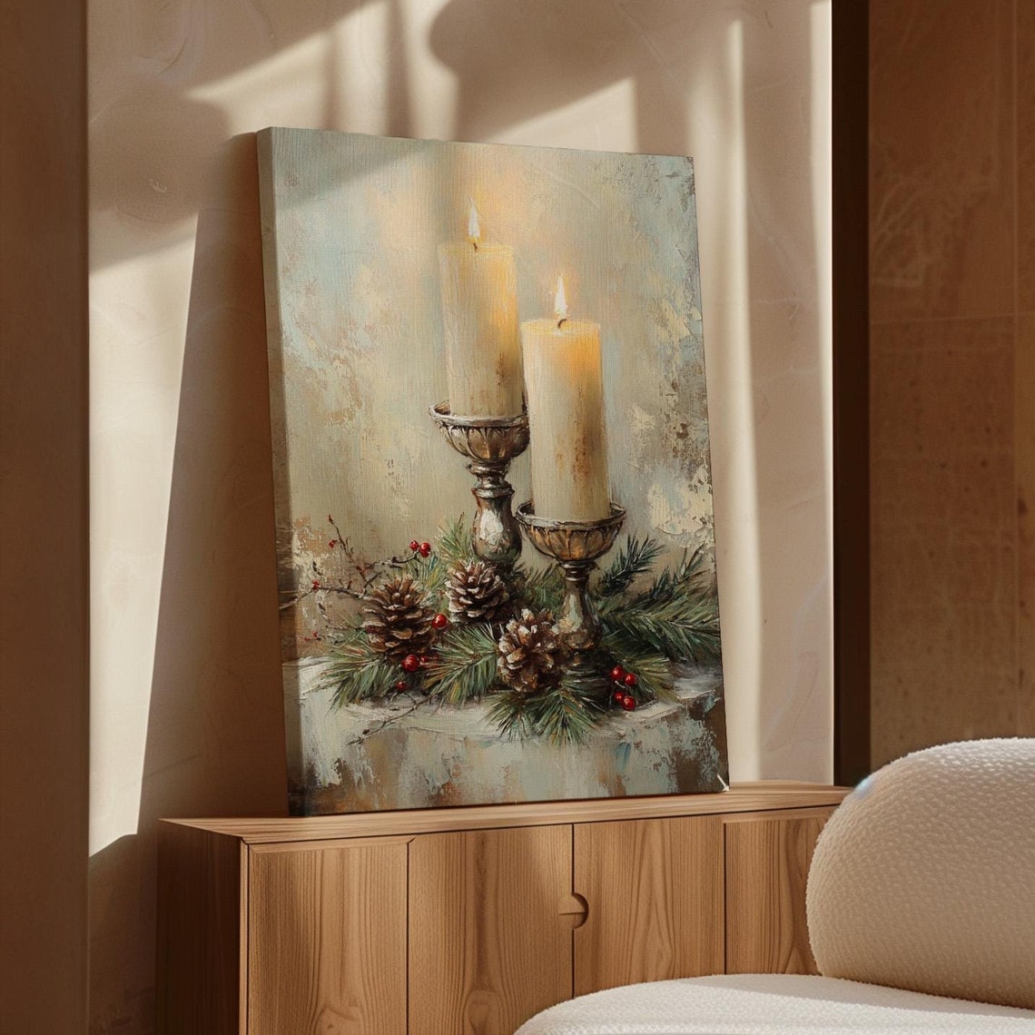 Lit Christmas Candles With Pinecones Berries Still Life Poster