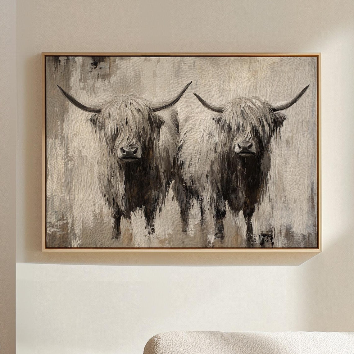 Highland Cows Pair Rustic Farmhouse Beige Oil Painting Poster