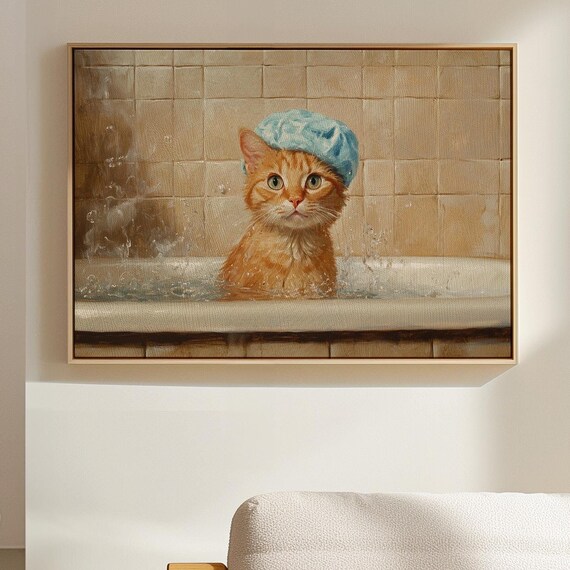 Cute Orange Kitten In Bathtub Shower Cap Vintage Funny Cat Poster