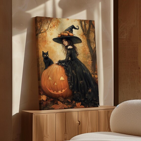 Gothic Witch Girl With Black Cat And Jack O Lantern Autumn Forest Poster