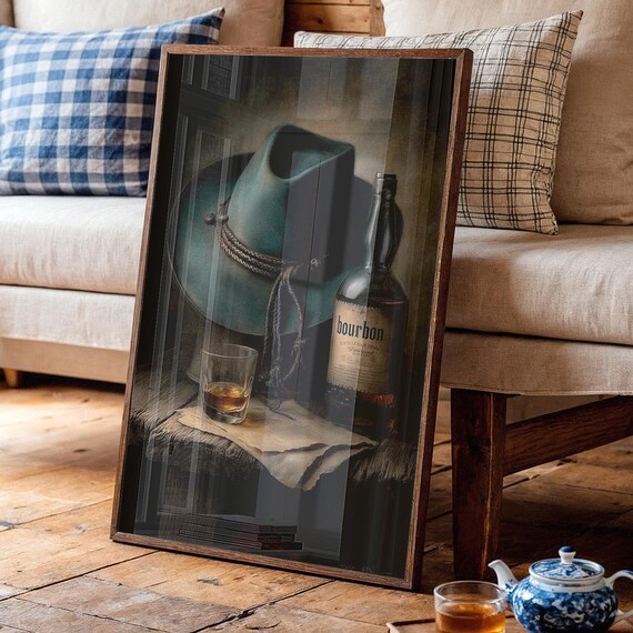 Cowboy Hat And Bourbon Bottle Still Life Moody Western Whiskey Art Poster
